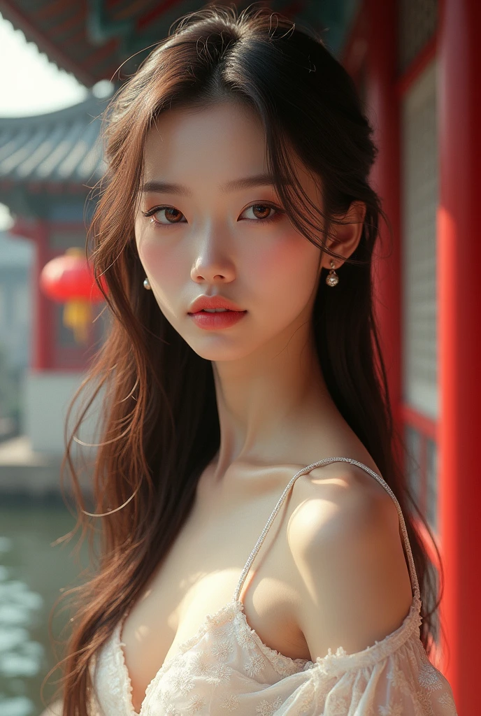 (Best Quality: 1.3, Masterpiece: 1.3), Ultra HD, (1girl, solo), atmospheric perspective, detailed face, upper body, makeup, pink lips, cleft lip, shiny skin, (brown hair), super long hair, Looking at In front of the audience, red eyes, earrings, small breasts, slim body, (white silk), (((((East Asian architecture, riverside, beautiful background))), perfect lighting, (frontal lighting), physically based rendering,