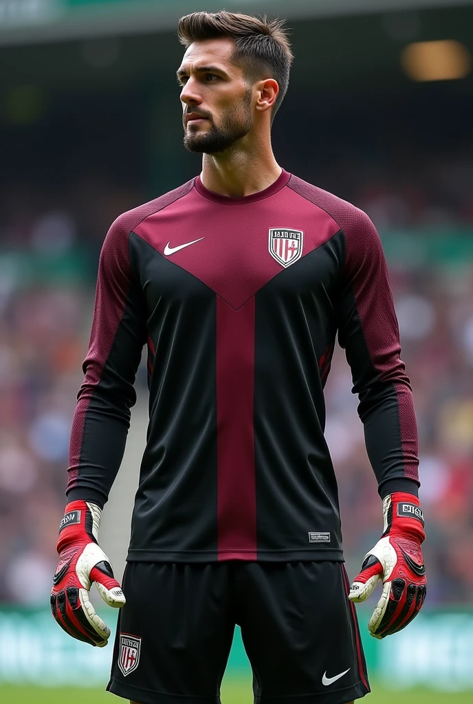 Futsal uniform design for a black and burgundy goalkeeper Make it long sleeve It would be nice if the shirt had more details and you could show me the front and back