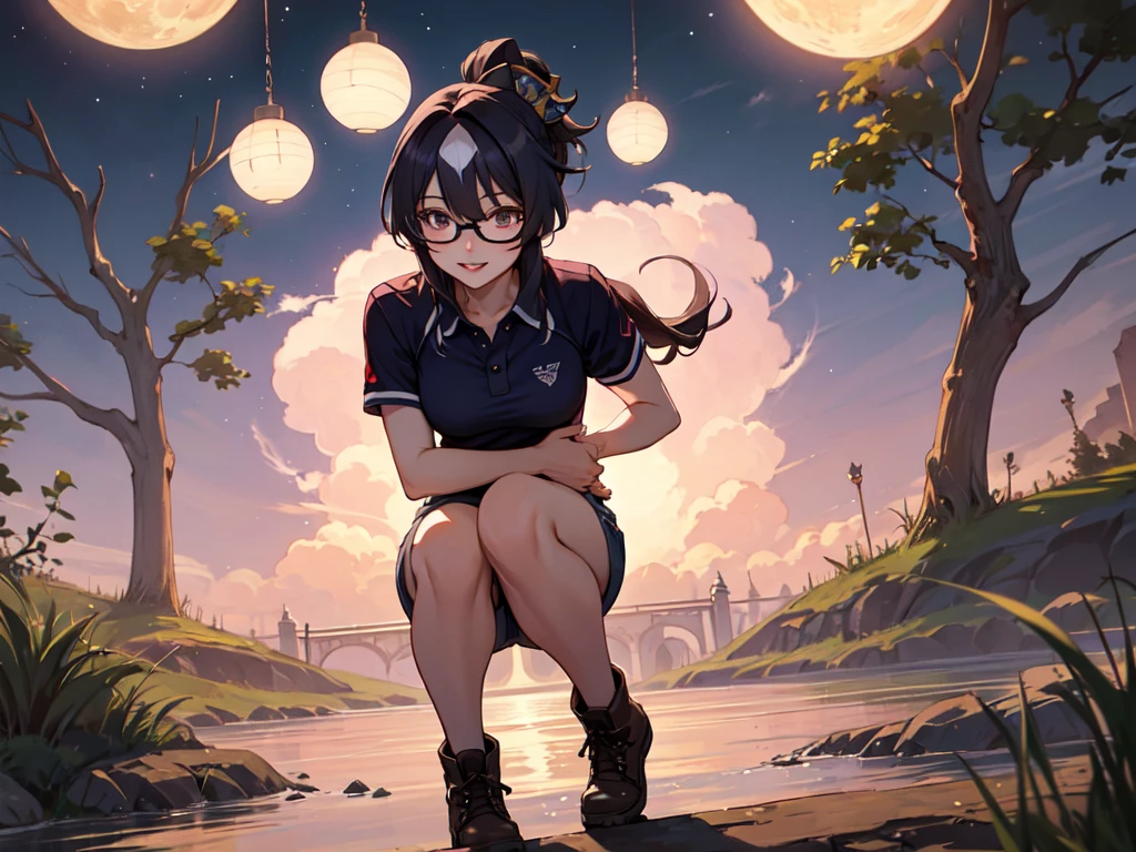Masterpiece, high quality, 4K, HDR。Moonlit Night、Starry Sky。Chest centered。Crouching、Place your hands on your chest and waist。Cool beautiful girl with beautiful breasts、smile。Brown Eyes、Tree Eyes、Pink Lipstick、Red Intelligent Glasses、Glamorous Body。ponytail。Shoulder less、Hemming、Black polo shirt、pats、sports boots。