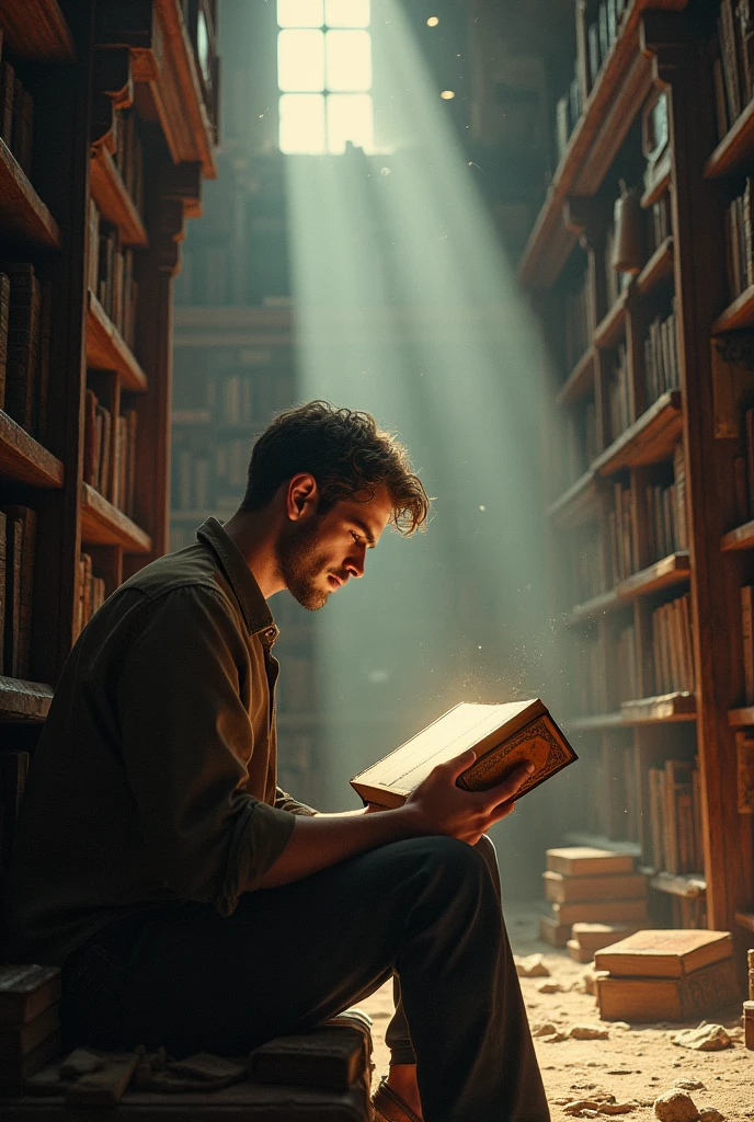 Panel 1:
(A man named Jake sits in a dusty old library, reading a book. The room is filled with ancient books and artifacts.)
Text:
Jake found an old book about time travel while he was exploring the forgotten corners of the city library.
