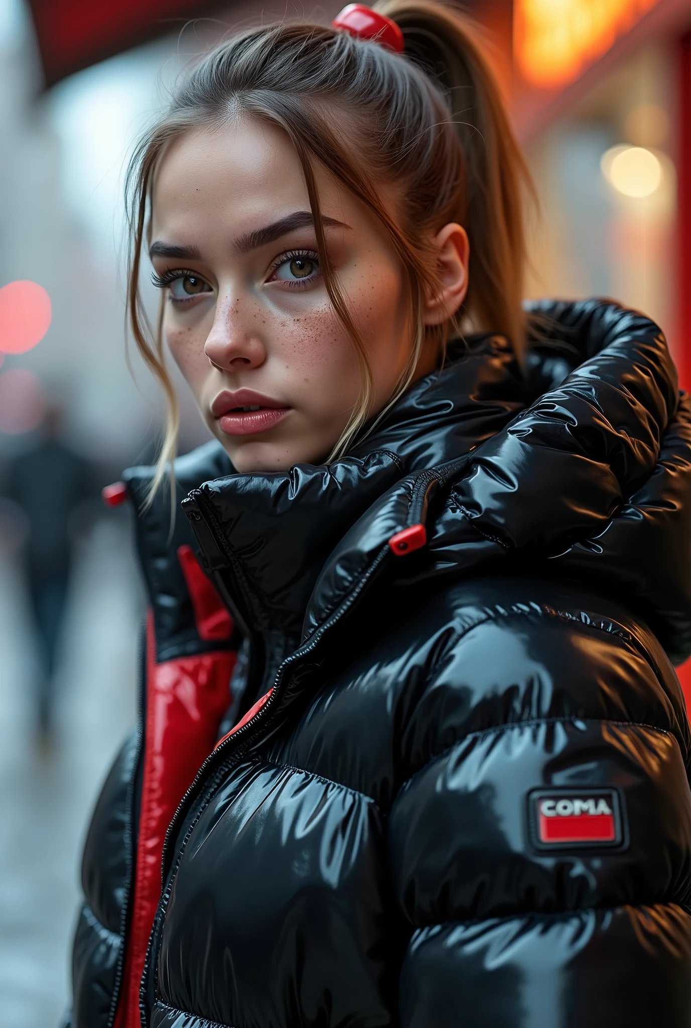 a slim ponytail girl,beautiful detailed eyes,beautiful freckles,beautiful detailed lips,extremely detailed eyes and face,longeyelashes,in beautiful detailed hooded formfitting duvetica overfilled shiny hyper gleamy hyper thick glossy unsealed puffer jacket covering her sealed hyper padded puffer vest,latex glossy stirrup legging, puffy boots,symmetrical,walking in pufferstore,masterpiece,cinematic,lifelike,hyperrealistic,8k,photorealistic,highly detailed,intricate,exquisite,elegant,beautiful,stunning