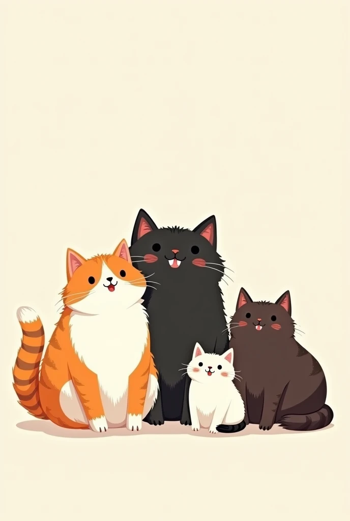 create me a wallpaper of 4 cats together happy 1 orange with white with lots of hair big 1 big chubby black 1 dark brown with white big 1 only white with black small not so much in minimalist style drawing