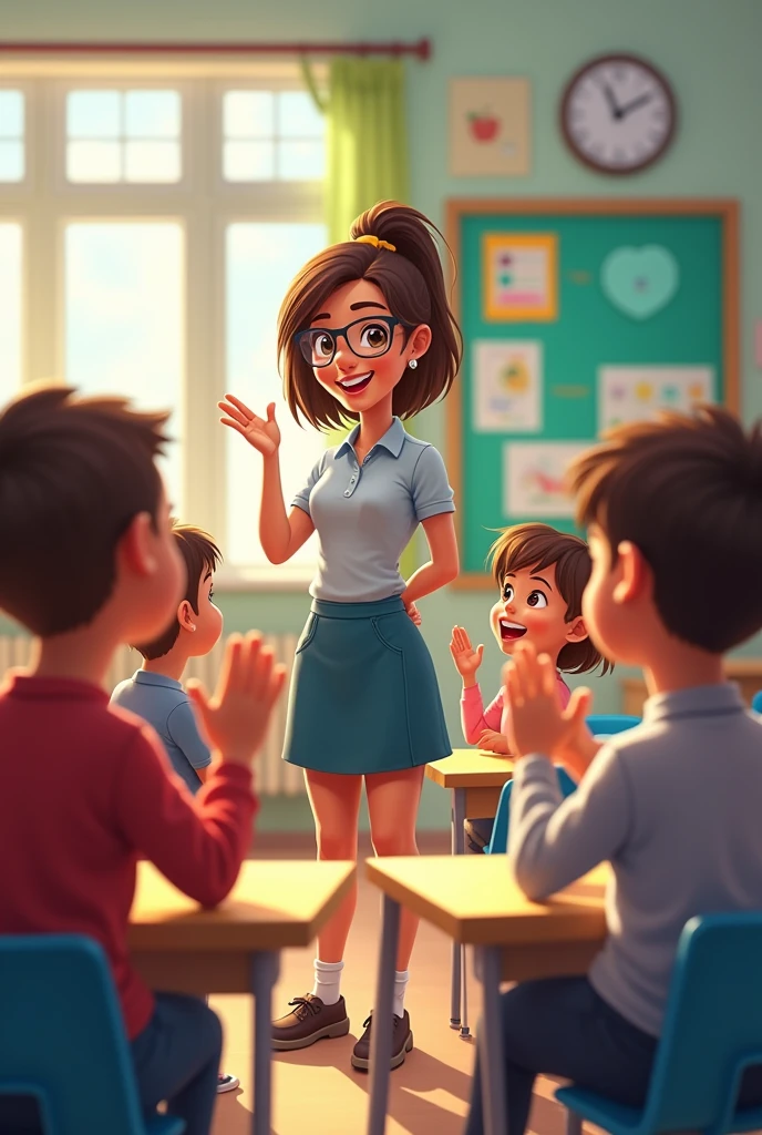 Generate an image for me where the teacher is playing a Word Game with Clapping - The teacher says a word and the children clap once for each syllable. then, Children work in pairs, where one says a word and the other claps the corresponding syllables. This reinforces the ability to count syllables independently..