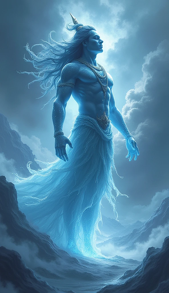 "The male Shiva descends from above, an ethereal and majestic ice figure with a dark twist. His cold aura, once serene and pure, now bleeds off with tendrils of swirling, shadowy energy. His icy beauty is now tinged with a swirling, dark mist, giving him a more mysterious and menacing presence. His long, flowing hair and intricate icy gown are sprinkled with dark, shimmering patterns, merging icy elegance with swirling mystery. Shiva stands poised to release deadly diamond dust, but the shimmering ice crystals now intertwine with the dark, swirling energy, crystallizing the air to create a dazzling spectacle of both cold and shadow. In the background, a surreal mix of glacial landscapes and swirling dark clouds blend together as Shiva prepares to unleash a fusion of icy destruction and dark energy."