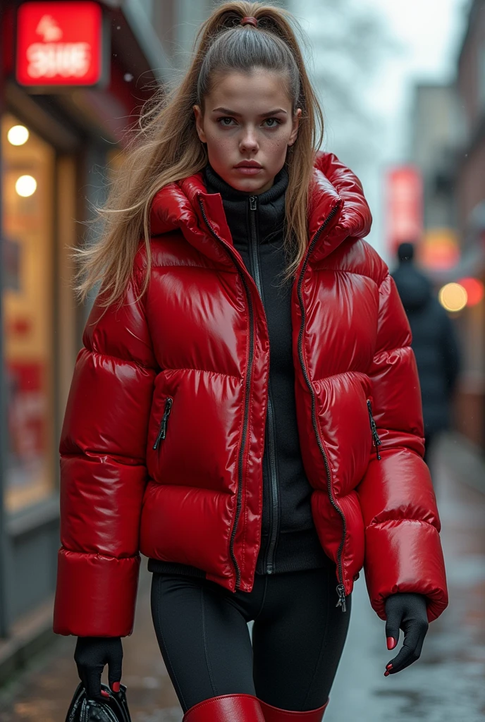  a slim ponytail  girl,beautiful detailed eyes,beautiful freckles,beautiful detailed lips,extremely detailed eyes and face,longeyelashes,in beautiful detailed hooded  formfitting duvetica overfilled shiny hyper gleamy hyper thick glossy unsealed puffer jacket covering her sealed hyper padded puffer vest,latex glossy stirrup legging, puffy boots,symmetrical,walking in pufferstore,masterpiece,cinematic,lifelike,hyperrealistic,8k,photorealistic,highly detailed,intricate,exquisite,elegant,beautiful,stunning