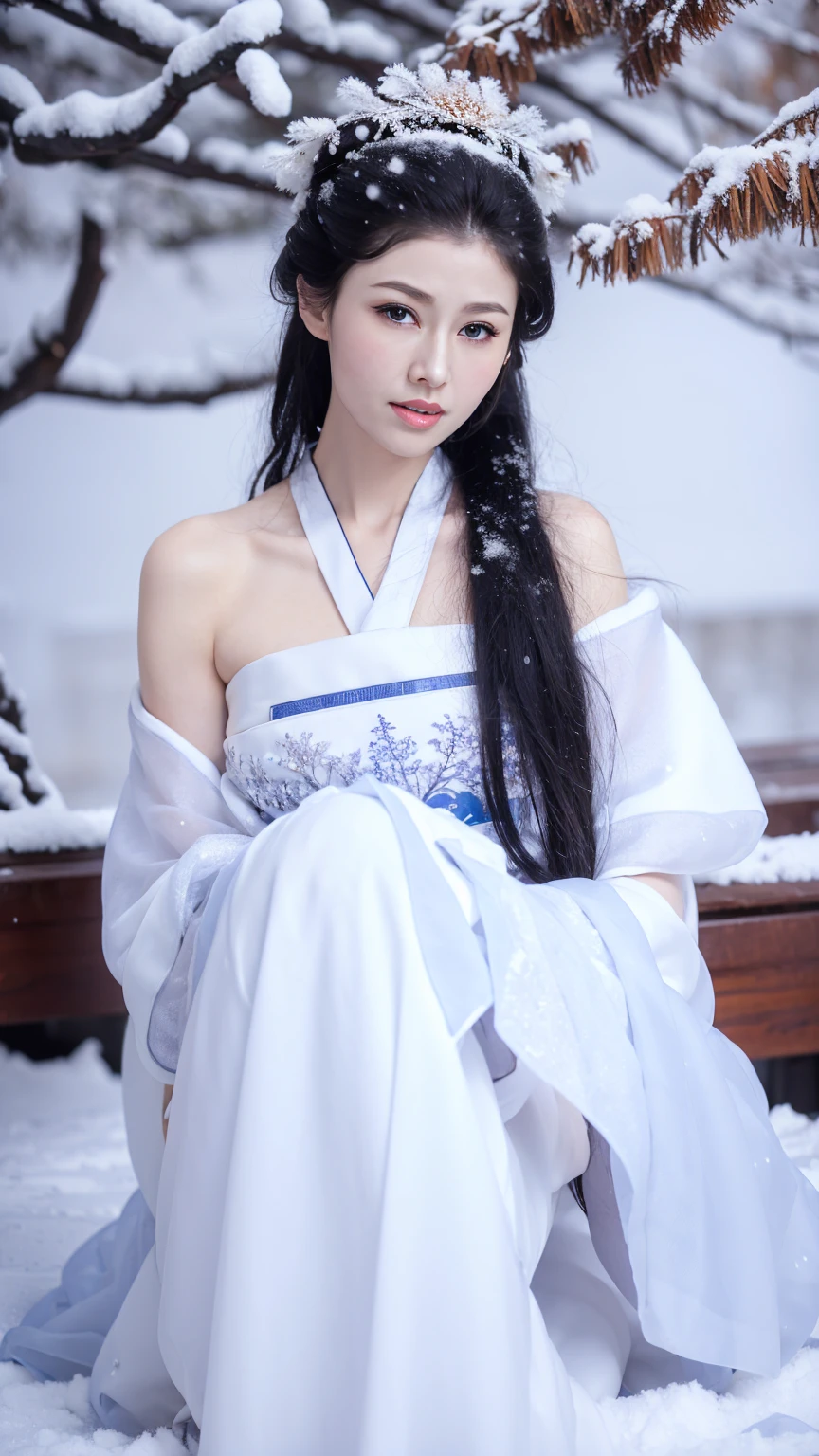 1 Fashion Model [[[[close up]]]], [[[[neck]]]], [[[[Shoulder]]]], (((Complete head)))，(((Complete hairstyle)))，Perfect eyes, Perfect Iris，Perfect lips，Perfect Teeth，Perfect skin，White skin，Soft headlights，High-density imaging，Black long hair，（Clean and delicate face），((White fur winter hanfu))，((full-body shot))，((The background is a snowy scene))，((winter))，((Various dynamic poses))，((The background is a snowy scene))，best quality，masterpiece，（Soft colors：1.2）