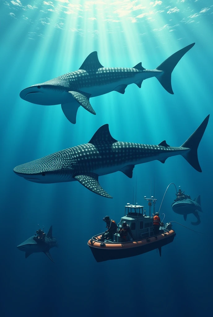It shows scientists tagging and tracking whale sharks to study their movements..