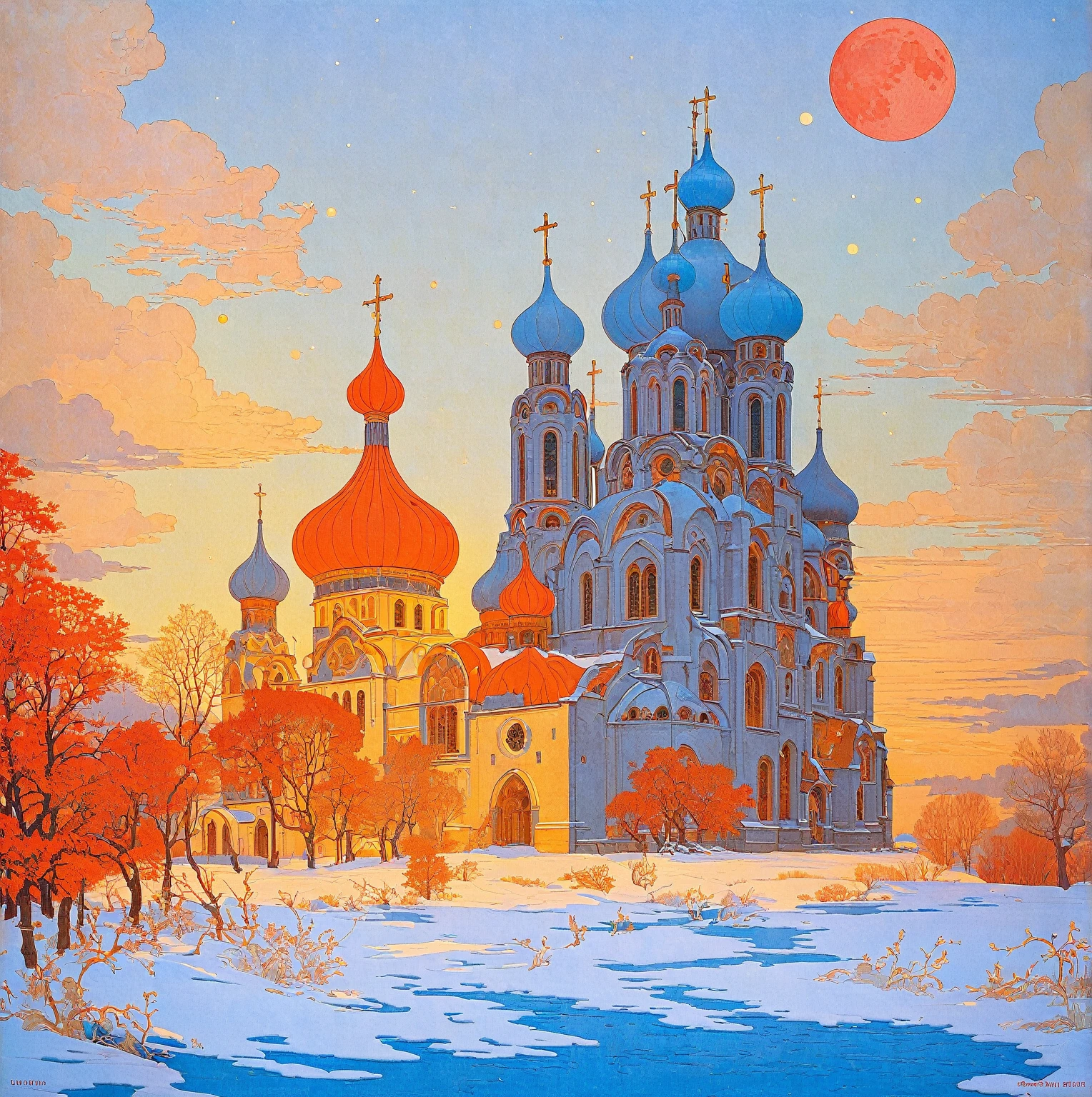 A picture of a church under the red moon, Ivan Bilibin (Ivan Bilibin) of inspiration, slav epic, Inspired by Igor Grabar (Igor Grabar), cathedral of the sun, inspired by Yuri Ivanovich Pimenov, beeple and alphonse mucha, Alexander Deneca, inspired Alexander Deneca, 受到 Andrey Esionov of inspiration