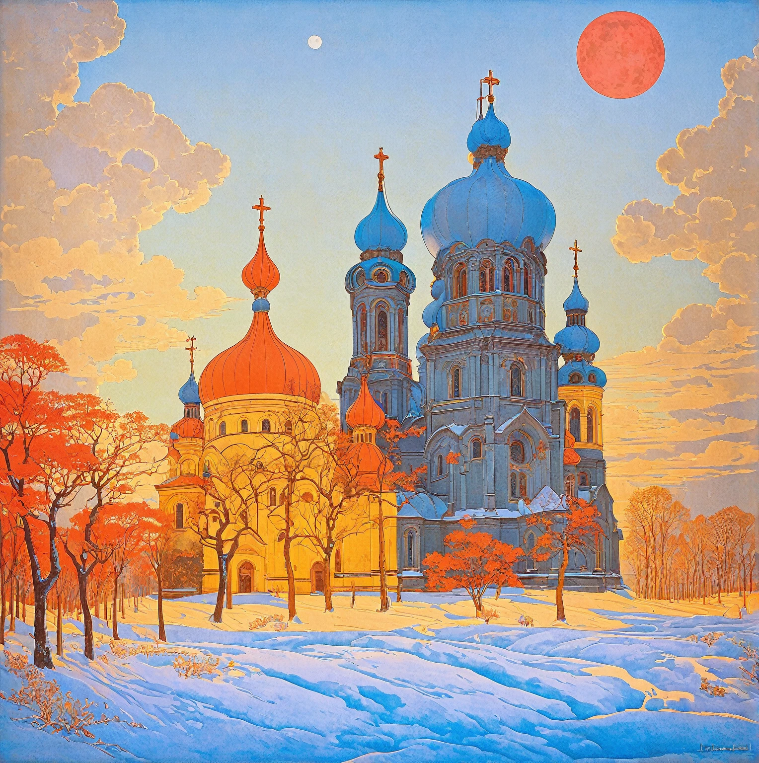 A picture of a church under the red moon, Ivan Bilibin (Ivan Bilibin) of inspiration, slav epic, Inspired by Igor Grabar (Igor Grabar), cathedral of the sun, inspired by Yuri Ivanovich Pimenov, beeple and alphonse mucha, Alexander Deneca, inspired Alexander Deneca, 受到 Andrey Esionov of inspiration