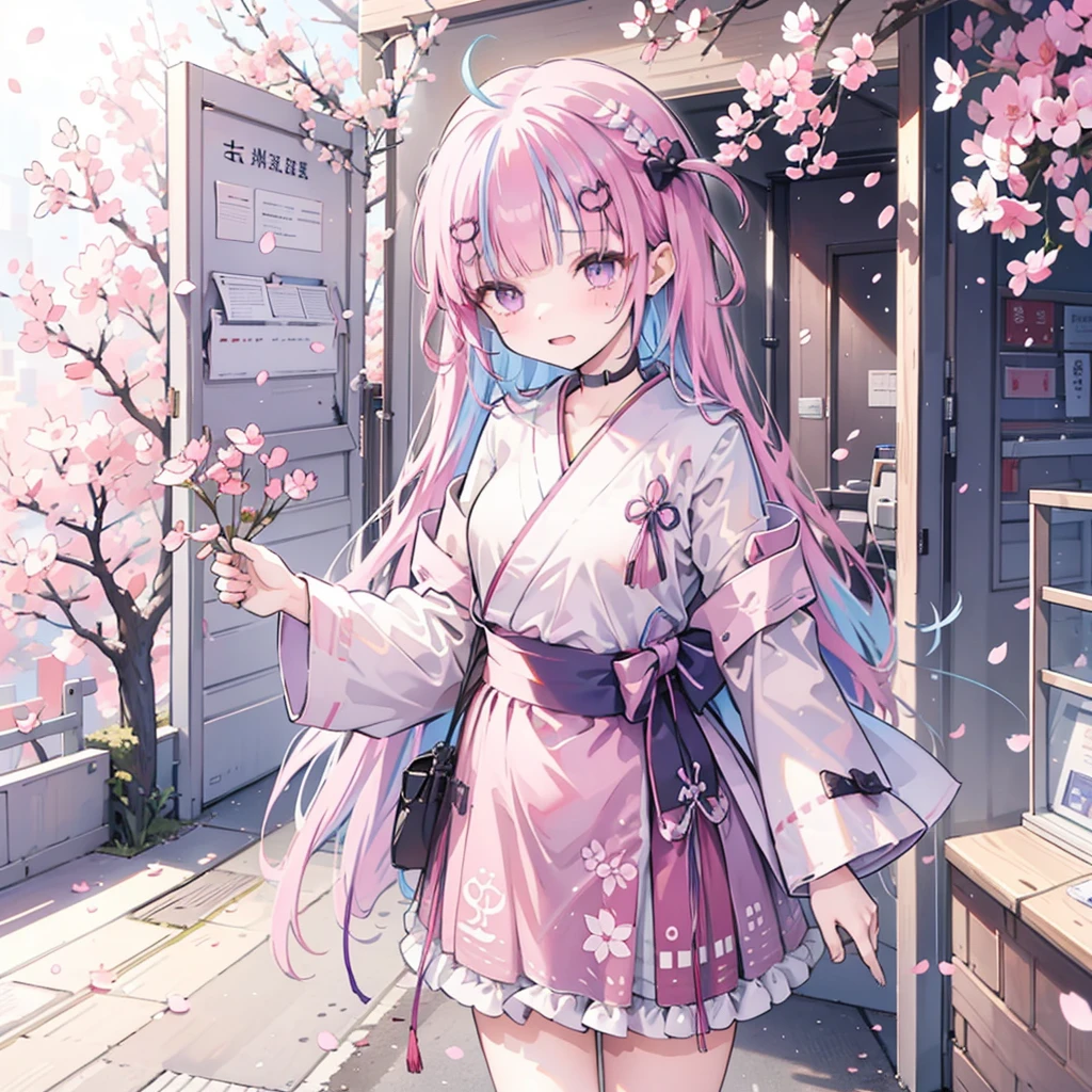 1 girl,Japanese school gate,Graduation Ceremony,Under the cherry blossom tree,Sakura petals flying,Holding certificate in hand,Tears in eyes,Student Graduation Ceremony