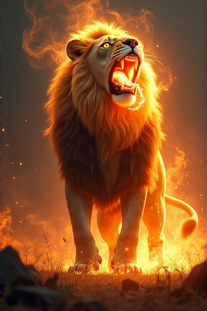 A lion standing up breathing fire
