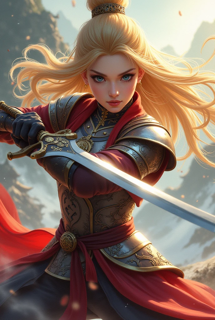 Generate a hero girl with a sword 🗡️ and armour from manhua his age is 20 with golden hair