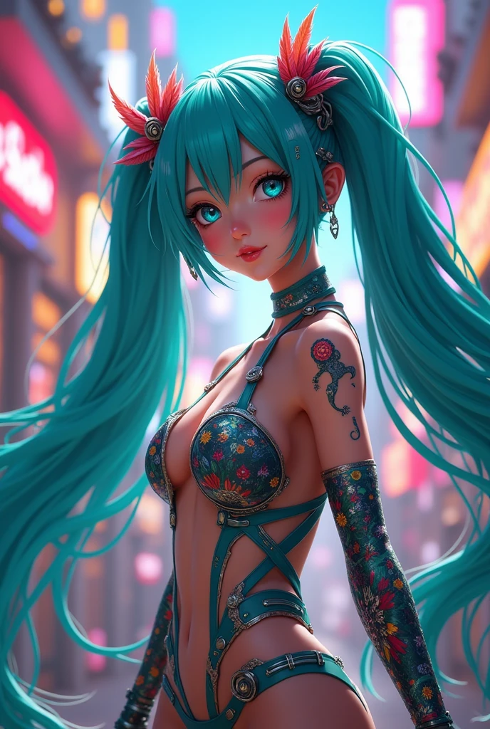 (photorealism:1.2), Very busty Hatsune Miku, thin size 28H, with huge tits lactating, wearing a cowprint bikini with a sunset in the background in Mexico City, populated only by  girls
