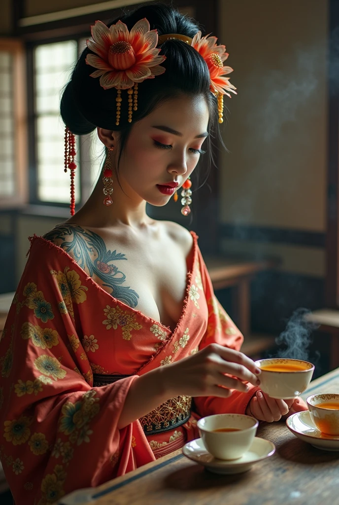 Create picture full body of a Asia girl 20yo, ( Jennie blackpink)  hair and makeup like a geisha, wearing a geisha outfit, body tattoo ,frayed,
sitting and Make tea for yakuza, Atmosphere of ancient Japan,64k, grainy images, high resolution photos, strong contrast, Telephoto Lens, the image is dynamic, random post, random view,