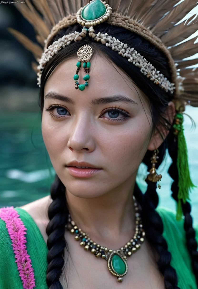 couple (((Female)), fashion shot, (Full portrait), (Half), Solo, Detailed background, Detailed face, (stonepunk, Stone theme:1.1), Wise, (Beautiful hair, Braid: 0.2), shaman, The nasal septum is rough, mysterious, (Gorgeous face), Stunning, head tilted up, (Calm expression), calm, Intimate interaction, Sea bubble green worn clothes, rosary, Tribal ornaments, feathers in hair, very pink nipples, headdress: 0.33, Emerald, obsidian, Detailed clothes, Realistic skin texture, (Floating particles, Water Swirls, embers, rituals, whirly, Wind: 1.2), Clear focus, voluminetric lighting, Good highlights, Good shadows, Subsurface scattering, complex, Highly detailed, ((film)), Dramatic, (Highest quality, Award-winning, Masterpiece: 1.4), (Realism: 1.5), medium breast, show very pink nipples, show vagina, open legs:1.5, spread legs.