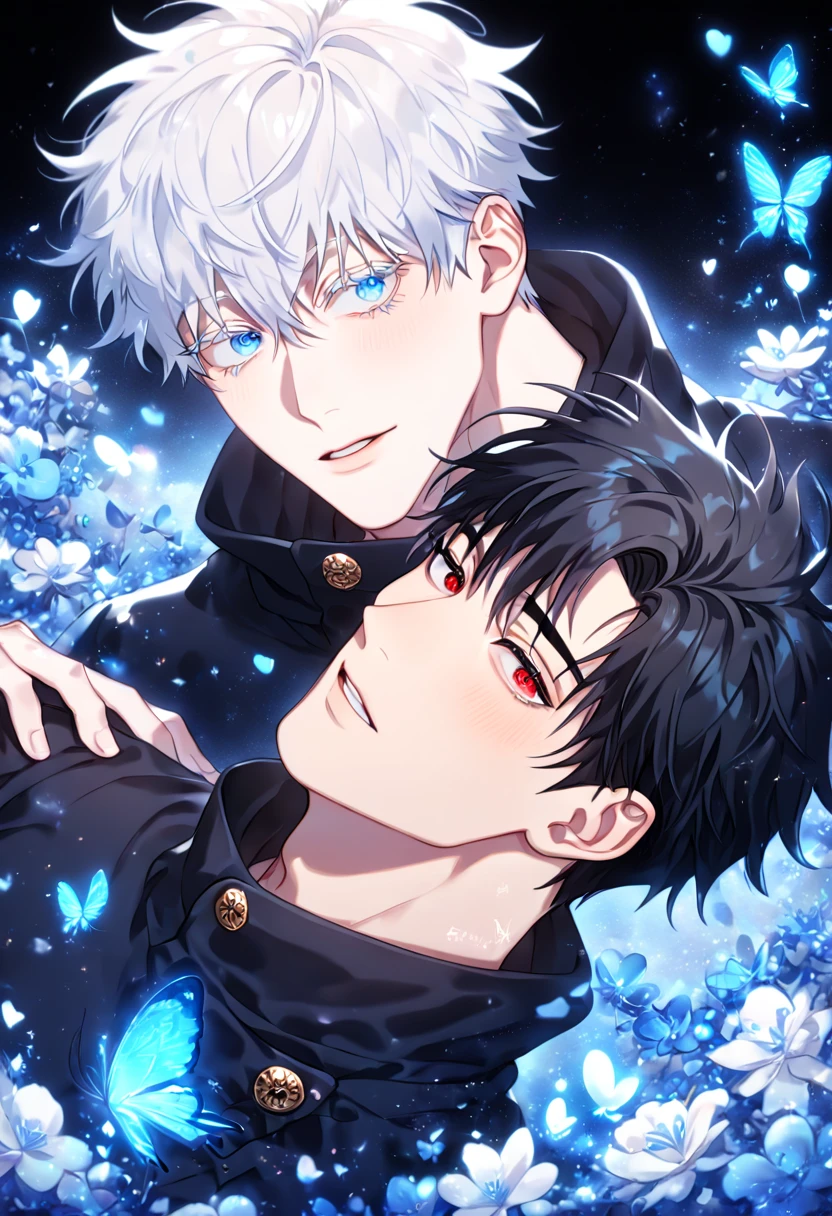 absurdres, highres, ultra detailed, HDR) master piece, best quality, extremely detailed, detailed eyes, detailed face, delicated features, Kang Woojin, black hair, messy hair, expressive red eyes, Love Jinx, Gojou Satoru, white hair, expressive blue eyes, white eyelashes, two sexy men together, yaoi, gay couple, in love, handsome, jujutsu Kaisen uniform, black uniform, high collar, fantasy, magical, glittering, water, blue flames, blue moon, blue flowers, blue butterflies, garden, Jujutsu Kaisen