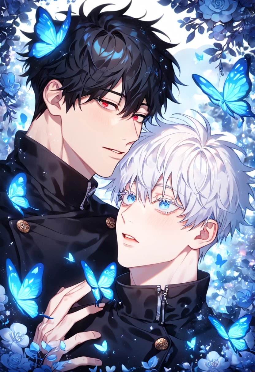 absurdres, highres, ultra detailed, HDR) master piece, best quality, extremely detailed, detailed eyes, detailed face, delicated features, Kang Woojin, black hair, messy hair, expressive red eyes, Love Jinx, Gojou Satoru, white hair, expressive blue eyes, white eyelashes, two sexy men together, yaoi, gay couple, in love, handsome, jujutsu Kaisen uniform, black uniform, high collar, fantasy, magical, glittering, water, blue flames, blue moon, blue flowers, blue butterflies, garden, Jujutsu Kaisen