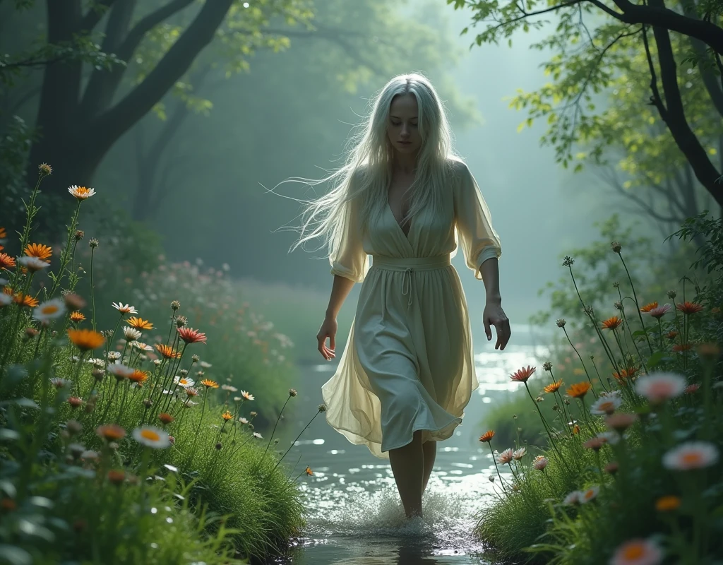A woman with long white hair,she will wear a white cotton dress and wet,She will be running on the grass of an enchanted garden and there will be a magical river near her..,I want a secret garden kind of vibe and'It's kind of sad,I want the climate closed like an air of sadness,