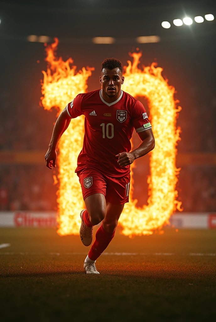 Take me a picture of a soccer player with the number 10 shirt and his number on fire