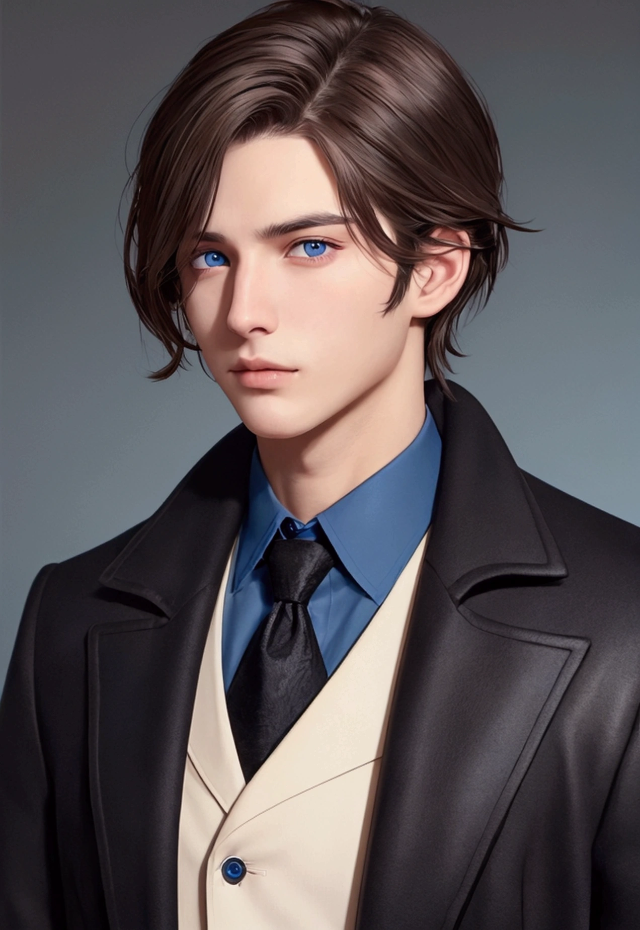 man with very messy brown hair, shorth hair, blue colored eyes, Square face, no facial expression, wearing a black overcoat