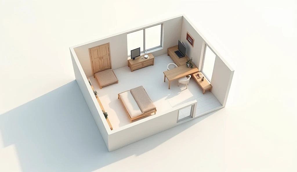 Make a floor plan of a room with the following specifications Room dimensions: 4.0m Length 3.2m Width Desired distribution (For example, Do you want a master bed, restroom area, work area): a little bit of everything Style: minimalist Other details: A window on the right side ( on the wall of 3.2m), 2 windows on the front (on the wall of 4.0m) and between the 2 windows a door