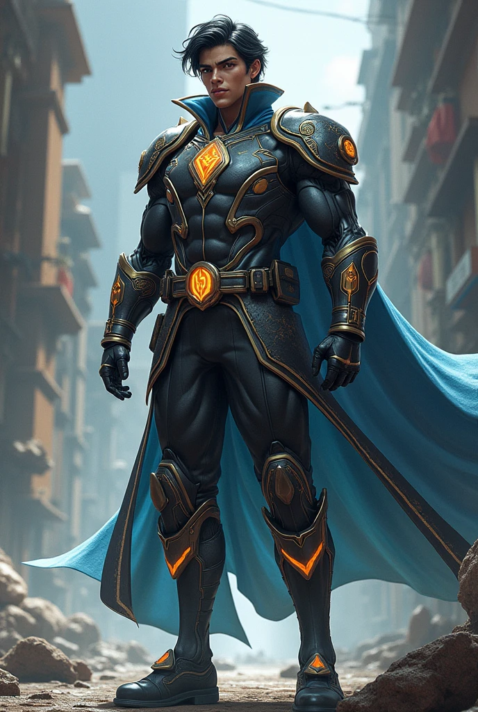 (# **Description by Jorge Jolstar**
**name:** Jorge Jolstar
**kor:**
**Height:** 1,80m
**Weight:** 75kg
**stand:** Chrono Crusader
## **Appearance**
Jorge Jolstar is a tall, athletic young man., with 1,80m tall and 75kg, fruit of his intense training routine. Her hair is black and slightly wavy., falling to the height of the om