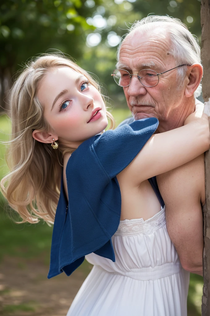 ((Highest quality)), ((masterpiece)), (High-definition photos), (1 old man, ung girl:1.4),  (drill hair), (spiral curl), kissing,  (long blonde), (bangs),  (Beautiful young girl and her father:1.3), gal, long, Light eyeshadow, (earrings), during, (pointy breasts:1.3), covered nipples, white dress, (snowy white skin), (Blushed:1.3), upper body, ((Embarrassing)), Half-open mouth, Shiny skin、elbow groves, wetty lips, Thin eyebrows、(Blue eyes:1.1),  (old man is holding girl from behind:1.4), Warm sunlight, A girl stands with the view of Amalfi
