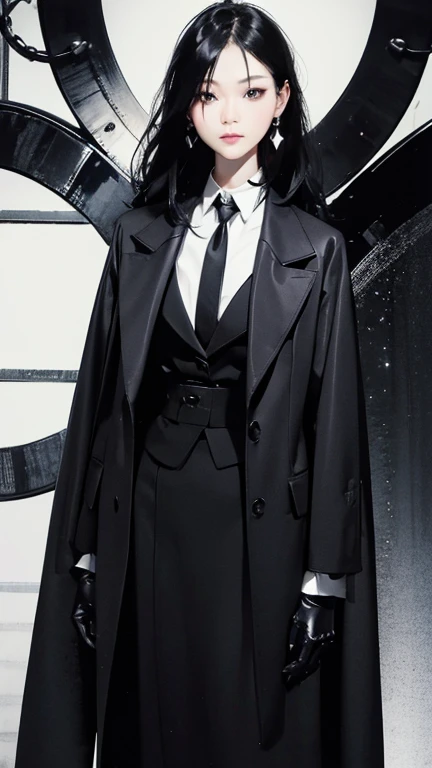 Black Hair、Cold look:1.5、Japanese woman in her 30s、Dark Background、One Cool Lady:1.5、night、whole photo、Dark Eyes、Black gloves、Ominous Machine Lifeform、Nihil、Half of his body is made of machinery、Mechanical Man:1.5、White shirt、black tie、Eye patch、Earrings、Black Skirt