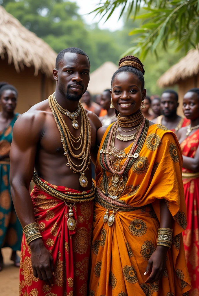 Create an image of a handsome young igbo man of about 30years a hunter having a traditional igbo marriage with a beautiful igbo woman of about 28years dressed in traditional igbo attire at her father's local compound