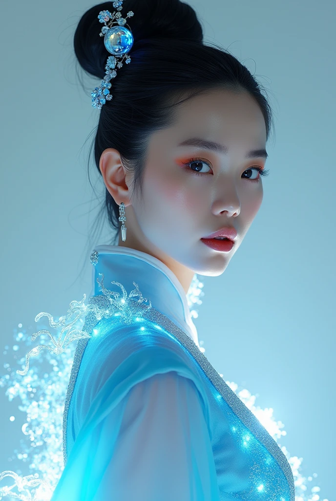 A luminous Chinese beauty (Dilraba Dilmurat) from ancient dynasties (221 BCE - 220 CE) stands majestically against a neutral background, her vibrant white-blue twotone attire radiating an otherworldly aura. David Lachapelle's lens captures the frozen moment of her polished body, Si-fi graphics luminescent attire, and captivating gaze meeting the camera with unflinching intensity. reflected light liquid metal fabric attire, 8K resolution reveals razor-sharp features, high-contrast details, and Traditional Chinese hairstyles, while a subtle sheen on her lips hints at the application of Traditional lipstick, spiritual cosmic to realistic, reflected light Glass hair pin