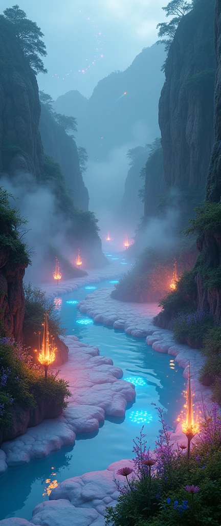 hotsprings, cliffs, waves, opalescent, (Photoluminescence), fantasy, clear, Cinematic RAW photo, hyper real photo, ultrarealistic, dslr, soft lighting, high quality, reflections, photo, (sparkling) splashing rainbows, glistening, (iridescent), (glowing alien flowers), glimmering, foam, foamy, wet, dripping, trinkling, crystals growing, (secret treasure in it), misty, mystical, enchanting, glittering, sunset, (masterpiece) (best quality) (detailed) (8k) (HDR) (cinematic lighting) (sharp focus) (intricate), many lights on rocks, fairy lights in trees, magical colors and atmosphere, enchanting landscape, epic dreamlike fantasy landscape, giant fluorescent fungi, magical colors and atmosphere, impressive fantasy landscape, bioluminescent, epic and stunning, magical environment, celestial, fairies, moons, shooting stars, wildflowers blowing in wind