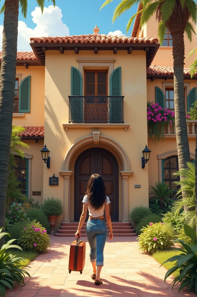 Girl arriving at a house in Spain