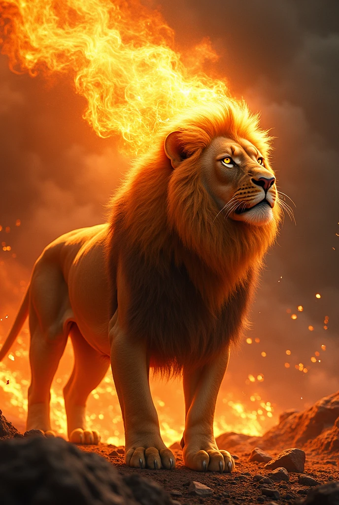 A lion "standing up" breathing fire