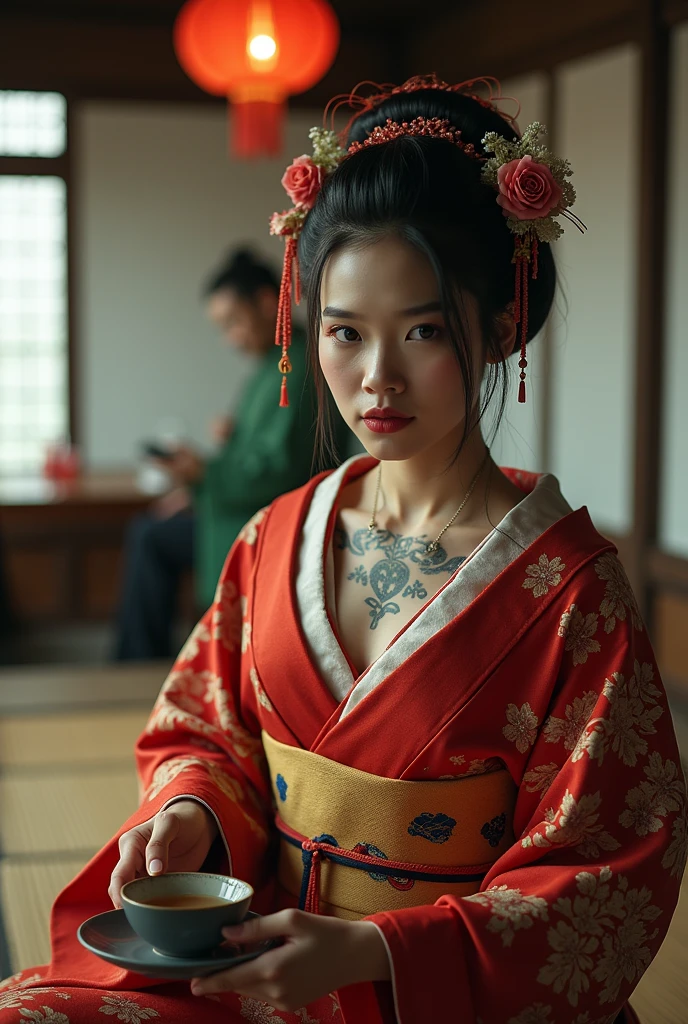 A Japanese ninja woman (kunoichi), with full lips, full breasts, silky skin, wearing earrings, wearing a black straw hat, wearing a low-cut black ninja uniform, with details of white lotus flowers, beautiful dangerous woman, beautiful lady assassin , femme fatale, warrior goddess of Japan, skilled warrior, beautiful and wonderful assassin.