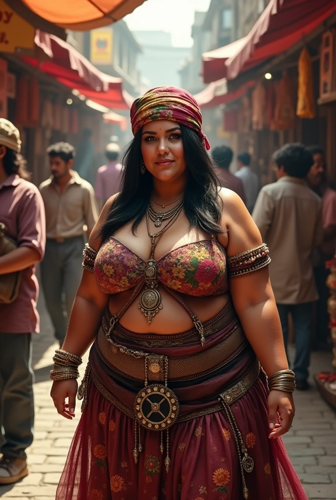 woman, shoulder-length straight black hair, medium bust, plump, cloth on her head, dressed as a card fortune teller, gypsy, walking through the bazaar, looking at the camera, photorealistic
