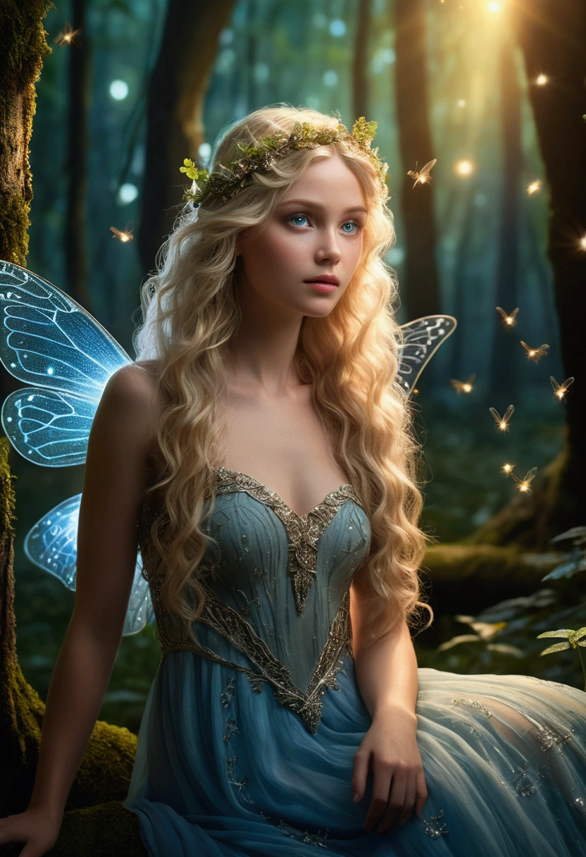 Create a magical scene featuring a ethereal fairy in an enchanted forest at dusk. She has a beautiful stunning face, green eyes, long gracious curly blond hair, soft pale skin, delicate and detailed lips. The fairy should have delicate, translucent wings that shimmer with a soft glow. This fairy is sitting on a mushroom. She should wear a flowing dress made of petals and leaves, with intricate, nature-inspired patterns. The forest is dense with ancient trees, glowing mushrooms, and sparkling fireflies. The overall atmosphere should feel mystical and serene, with a soft, warm light filtering through the trees.(best quality,4k,8k,highres,masterpiece:1.2),ultra-detailed,(realistic,photorealistic,photo-realistic:1.37),beautiful fairy girl with long flowing hair, detailed face, piercing blue eyes, delicate features, wearing a flowing dress, standing in a magical forest with glowing fireflies, sunbeams streaming through the trees, lush greenery, warm color tones, cinematic lighting, fantasy, concept art
