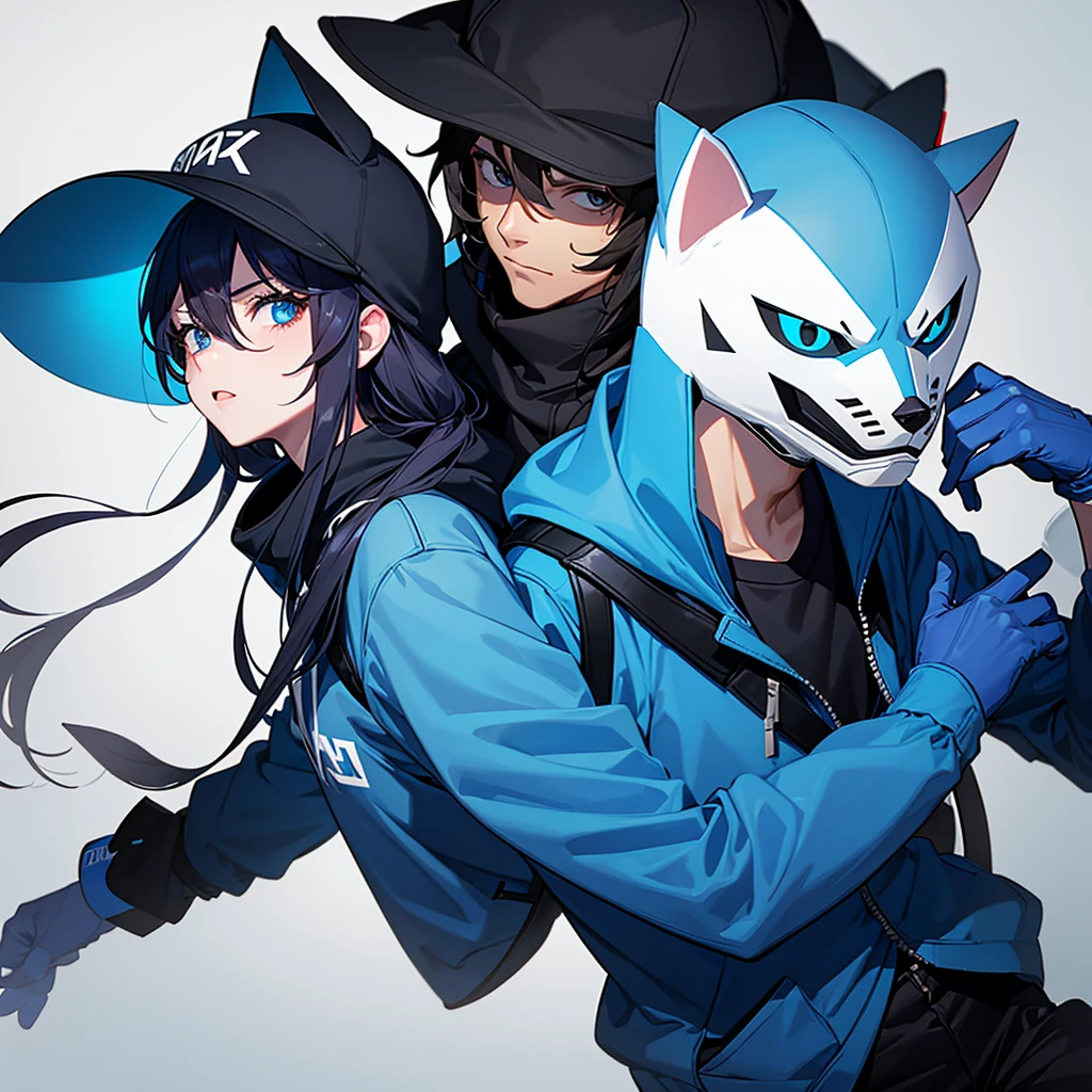 2 man wearing a sweatshirt with a hat that has furry ears and a mask similar to Sub-Zero's. In neon blue color palette with light blue in anime style for YouTube channel logo