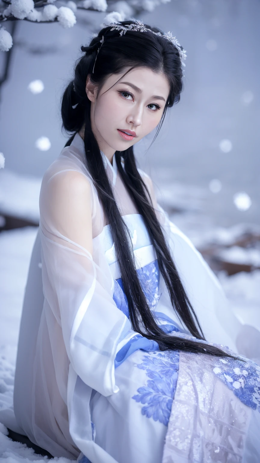 1 Fashion Model [[[[close up]]]], [[[[neck]]]], [[[[Shoulder]]]], (((Complete head)))，(((Complete hairstyle)))，Perfect eyes, Perfect Iris，Perfect lips，Perfect Teeth，Perfect skin，White skin，Soft headlights，High-density imaging，Black long hair，（Clean and delicate face），((Simple fur winter Hanfu))，((full-body shot))，((The background is a snowy scene))，((winter))，((Various dynamic poses))，((The background is a snowy scene))，best quality，masterpiece，（Soft colors：1.2）