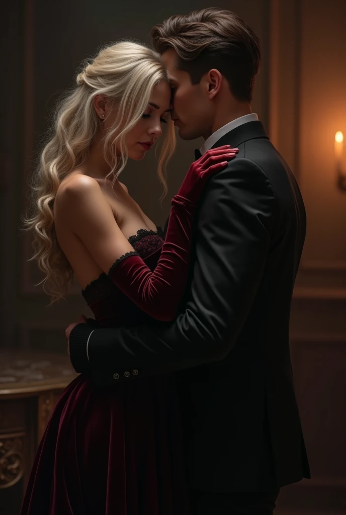 a woman with fair hair with her back turned, long velvet gloves on her hands, touches the arm of a man with his back turned, looking to the side, in the background a lighted room