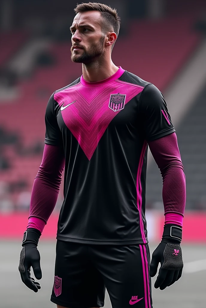 Futsal uniform design for a goalkeeper in black and burgundy Make it long sleeved It would be nice if the shirt had more details and you could show me the front and back Same but now instead of burgundy,  fuchsia 