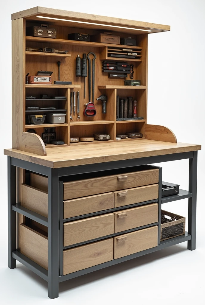 Table that opens and contains tools inside, with horizontal drawers below and 1 meter