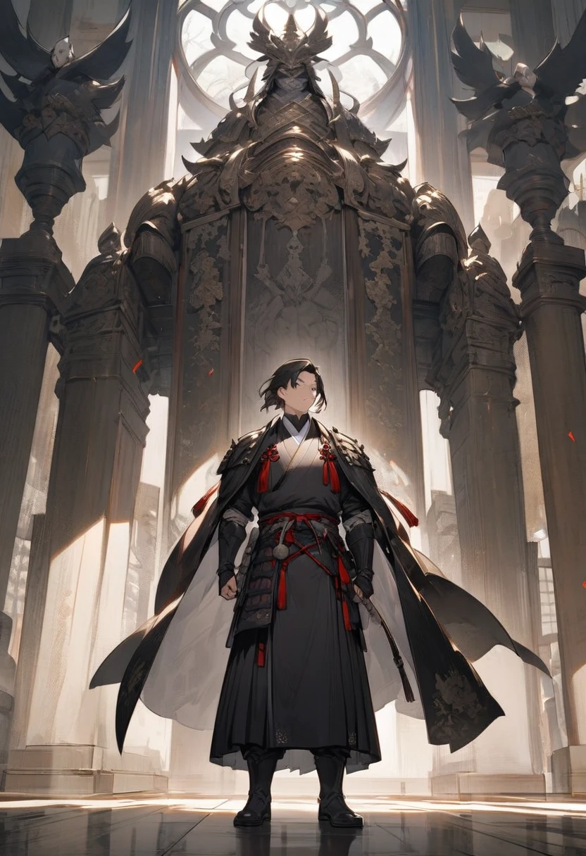 "A young samurai standing alone in a grand hall, the weight of responsibility heavy on his shoulders, representing the burden of succession."