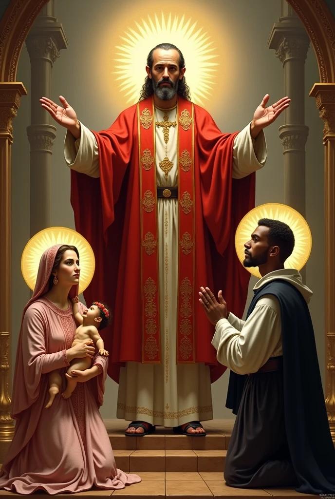 Bishop Saint Toribio de Mogrovejo in red habit, a halo over her head extending her arms to both sides and to her left is Saint Rose of Lima, a 25-year-old white saint with a crown of roses and a halo over her head in a black and white Dominican habit on her knees carrying the baby Jesus and to her right is Saint Martin de Porres, a 3 mulatto saint in a black and white Dominican habit on her knees with a rosary in his hands and a halo over his head.