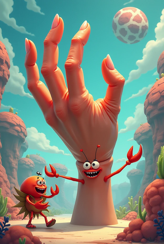 Giant hand dancing to Mr. Crab, telling him about the squid dance