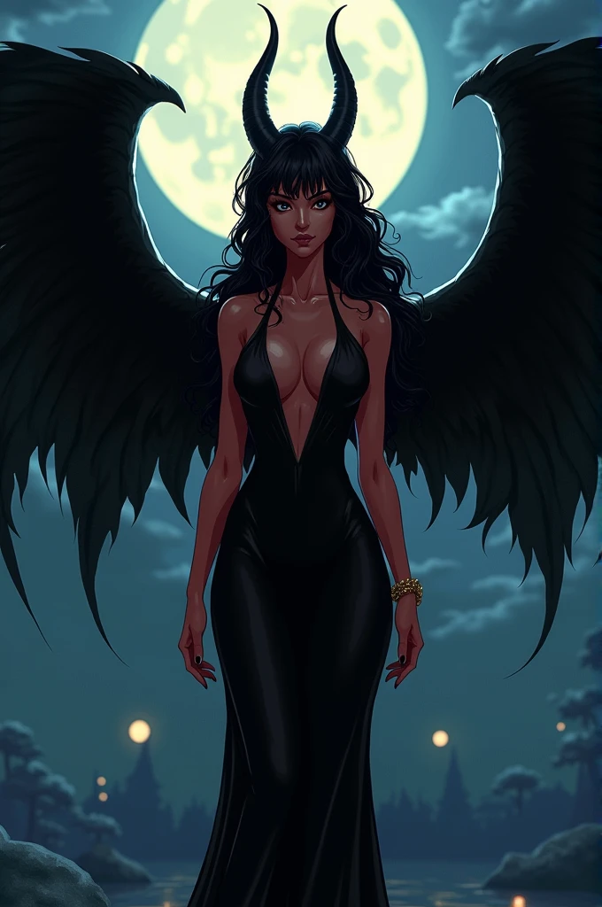 A tall, slender woman with large raven wings, demon horns, succubus, dark fantasy style, 1997 berserk anime style, reddish skin, long, wavy black hair, completely black eyes, soft expression on the face, under the moonlight