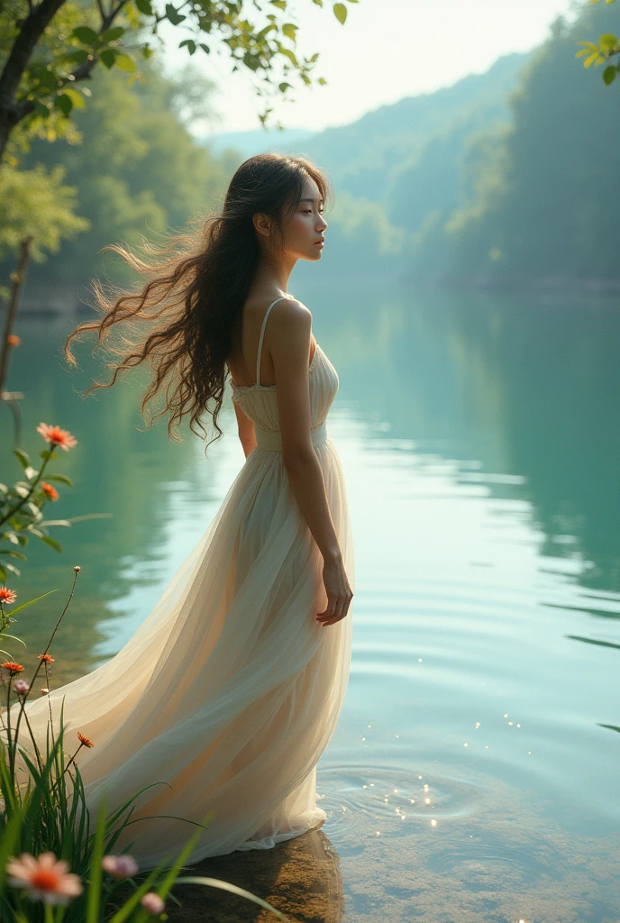 Beautiful girl travelling near by the lake