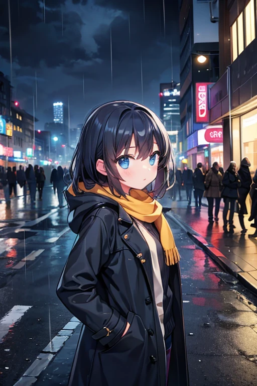 One girl,City of night,rain,coat,Put your hands in your pockets,Looking up at the sky,