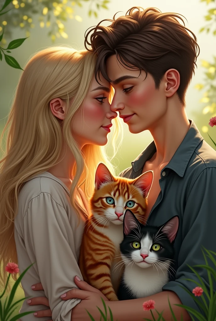 I'm writing a lesbian novel where the elder one in the lead couple is feminine but not so feminine she's 5'8" tall wears not so feminine clothes has long silky blonde hair with sea blue eyes and the younger one has dar brown short boy cut hair. She is masculine wears stylish masculine clothes and has emerald green eyes she's around 6'2" tall. My novel title is WOVEN TOGETHER.
I don't the cover picture to be in a home scenario
So I want my cover to be something romantic a homely and a little realistic and they both have cats an orange boy and a black and white girl cat. I want you to make a little realistic cover picture for me