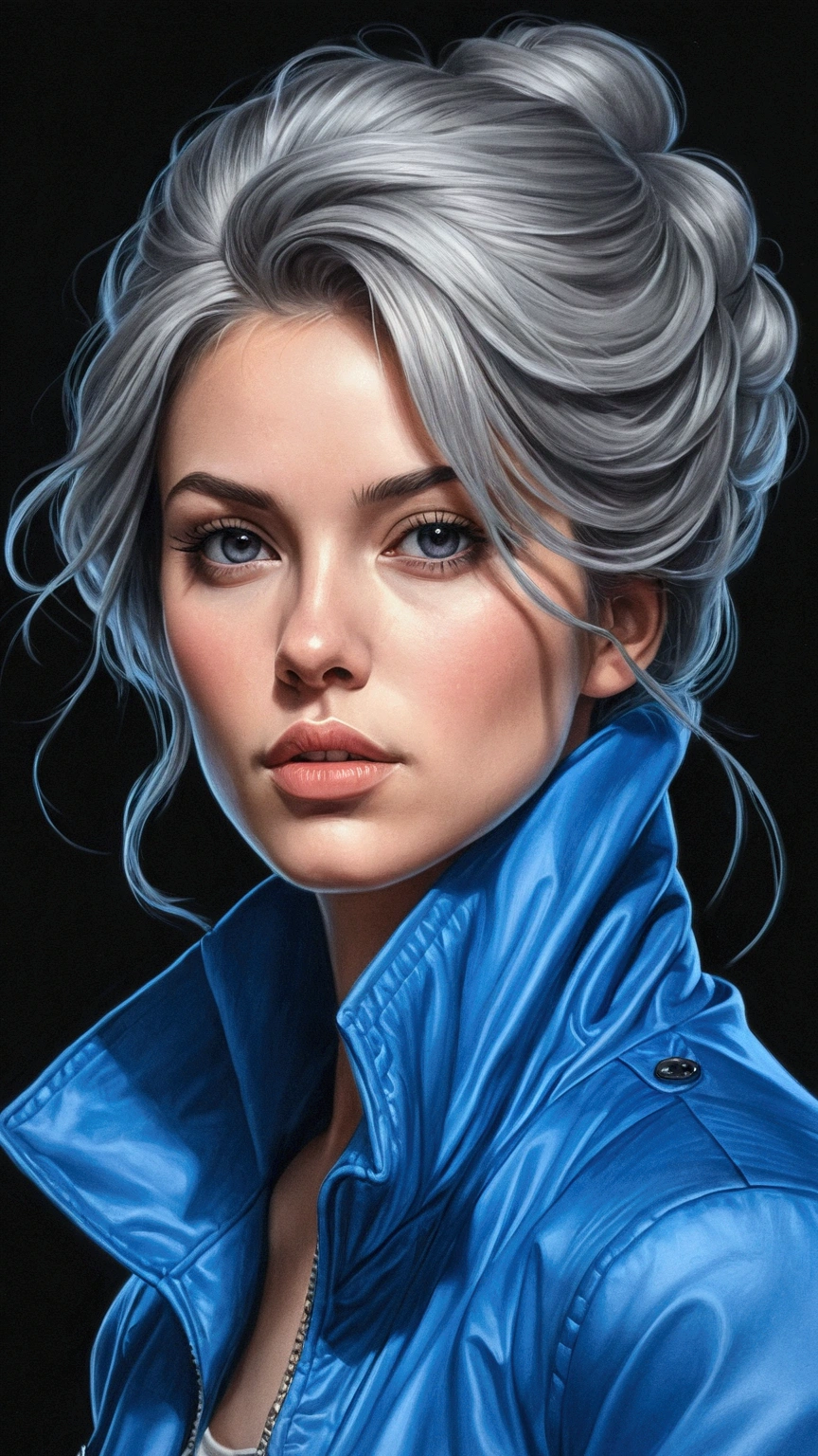 a drawing of a woman with a blue jacket and a black and white background, drawn in the style of artgerm, epic pencil illustration, artgerm portrait, epic portrait illustration, belo portrait oftalhado, professional portrait drawing, stunning drawing, realistic digital drawing, detailed portraits, high detailed portrait, pencil draw, sketch art, pencil drawing illustration, portrait of 