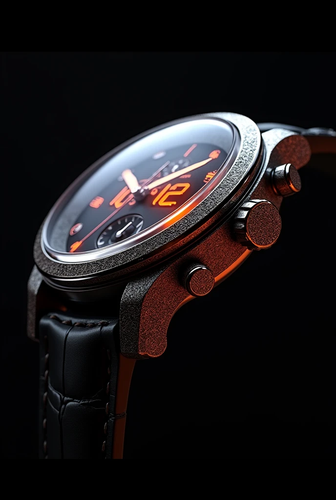 luxury wristwatch, extreme closeup, solid black background, weather, metallic, dimensional deep, nixie, product shot, perfect extreme focus, vivid, 8k hdr, high quality, extremely detailed, specular, hyperrealistic, FrostedStyle,